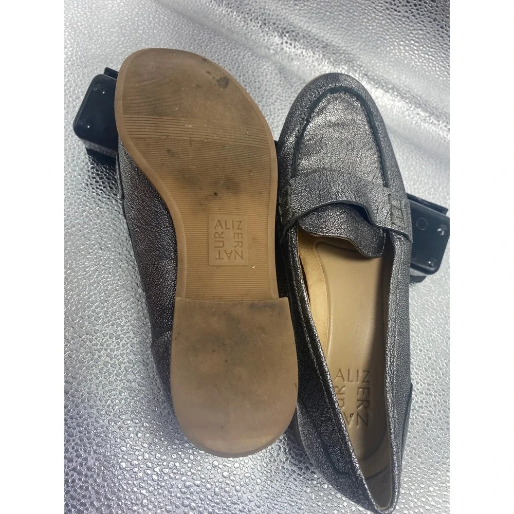 Naturalizer Womens Metallic Pewter Leather Penny Loafers Gunmetal Slip On Shoes